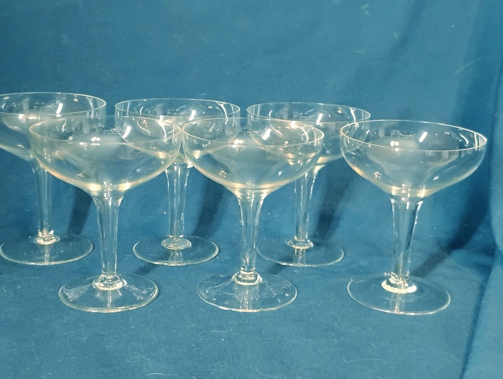 Set of 6 Vintage Tall Hollow Stem Thin Walled Champagne Coups
