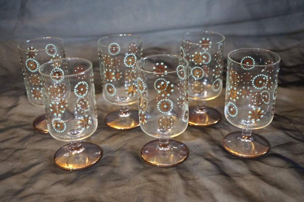 6 DOROTHY THORPE MCM ATOMIC STAR BURST SINCLAIR GLAMA GOLD CORDIAL GLASSES