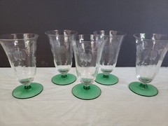 (5) Footed ICED TEA Tumbler Water Glasses etched cut Fuschia Uranium green base