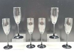 6 Luminarc Domino Signature Black Stem Fluted Champagne Set Cristal Glass France