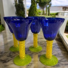 4 Stunning Artistic Murano Blown Mottled Multicolor Chalice Drink Glasses Cobalt