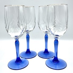 Lenox Crystal Swag Drape Cobalt Blue Stem Gold Rim Optic Swirl Wine Goblets 4 PC