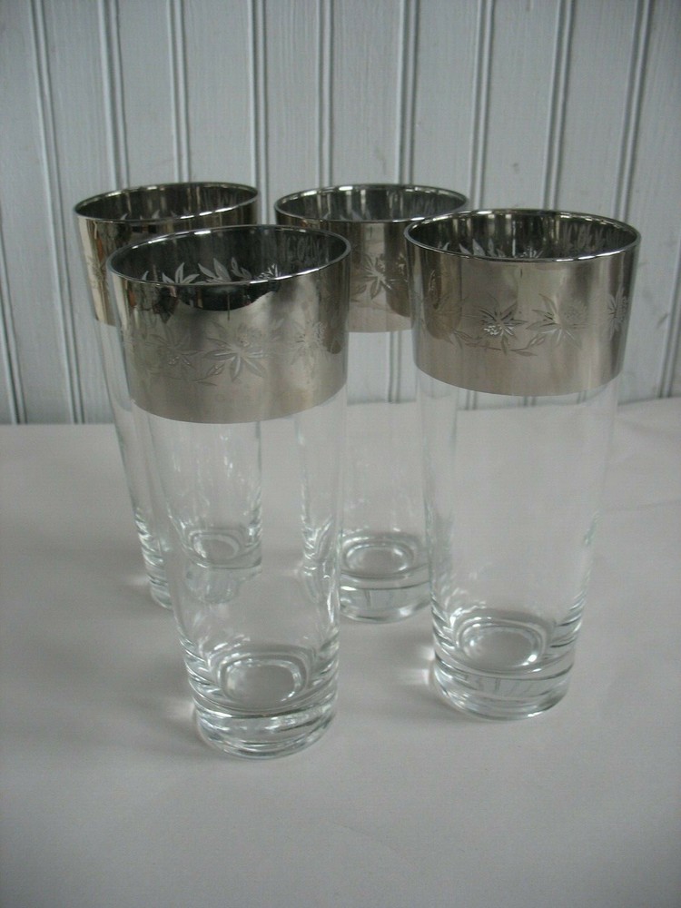 S/ 4 VTG 16 oz Dorothy Thorpe SILVER BAND W Floral DESIGN Barware Glasses 6 3/4″