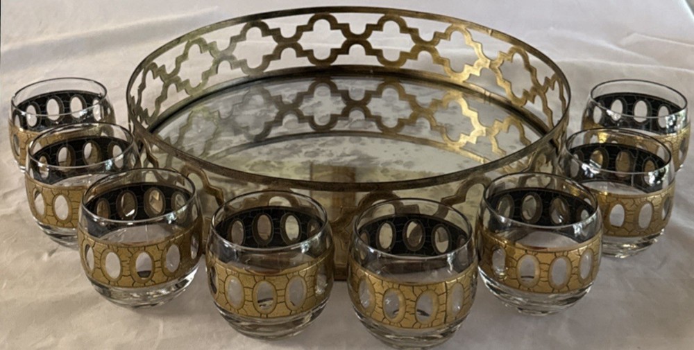 Culver Piza Roly Poly Glasses Set 8 Gold MCM Barware w Antiqued Mirrored Tray