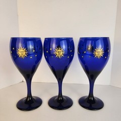 Libbey Cobalt Blue Celestial Sun Moon Stars Stem Wine Glass Set 3 Vintage Goblet
