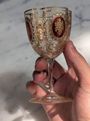 Antique Moser Bohemian Red Stained Crystal Glass 24K Gold Gilt Wine Goblet Cup