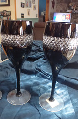 WATERFORD JOHN ROCHA Wine Glass Goblet BLACK CUT TO CLEAR ~ SET OF 2