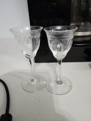 Etched Stemmed Small Wine Glasses (2) Cordial Liqueur champagne glasses 4″