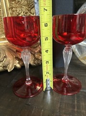 2 Gorgeous Ruby Red 6.5” Cordial Stems Glasses Spanish Red with Red Base
