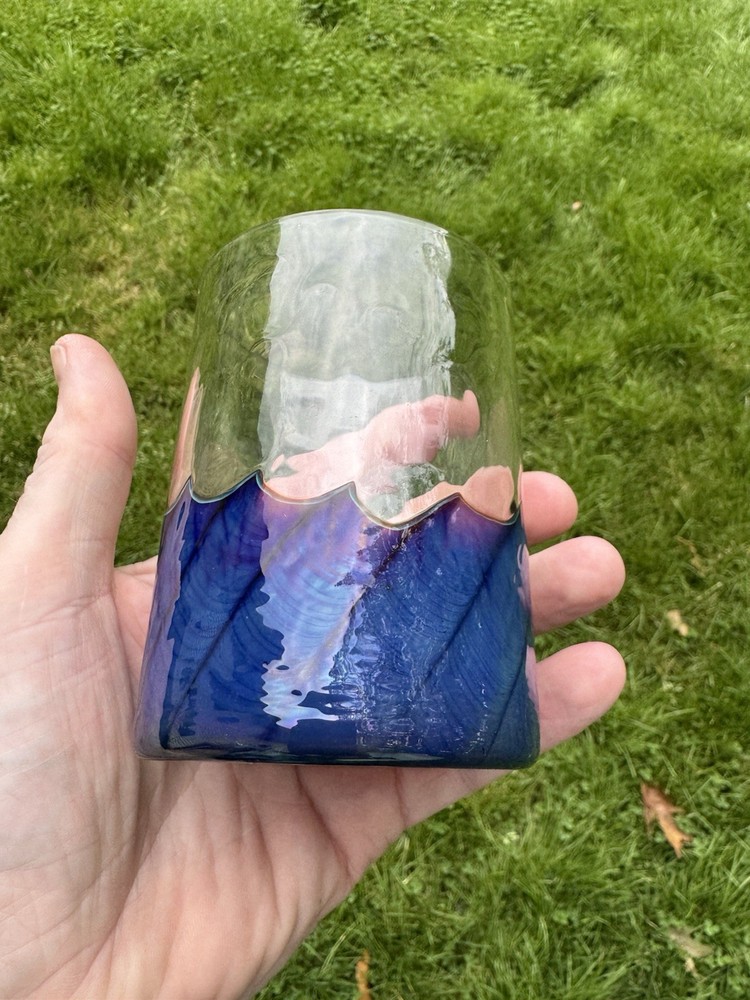 Vintage Black Sheep Studio Art Glass Tumbler 1991 Leslie Wilton Blue Wave Optic
