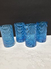 Set of 4 Heavy Weight Blue Opalescent Feathering Swirl hand blown glass Tumblers