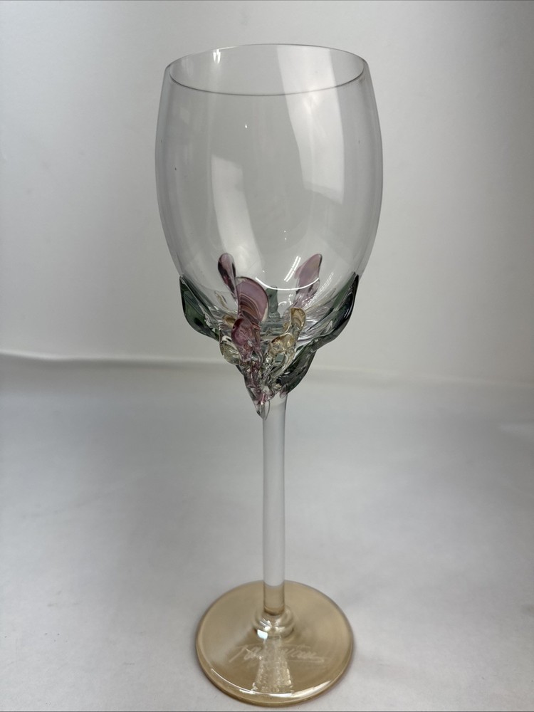 Ion Tamaian Romania Art Wine Glasses Signed Hand Blown Pink Peach Green 10-3/8″