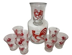 Vintage Mexico Red Rooster Breakfast Set Juice Service Carafe 7 Glasses Ice Cup