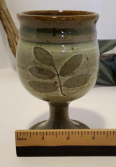 Pottery Studio Art Wine Glass Olive Leaf – Beige, Green & Brown Inside Signed