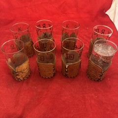 (8) 8oz Highball Glasses Leather Holder Western Cowboy Ranch Brand ML Leddy