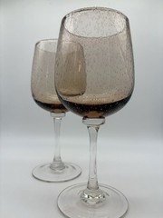 2 Beautiful Amber Tint Two Tone Blown Bubble Glass Jumbo Water Wine Stem Goblet