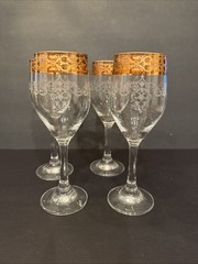 Set Of 4 Bernini 24K GOLD Trim Etched Blown Crystal Wine Glasses Italy 7.25”Tall