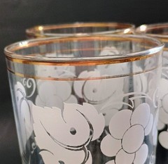 3 Vintage Tumbler Water Glasses MCM w/White Grapes Gold Trim 1960s