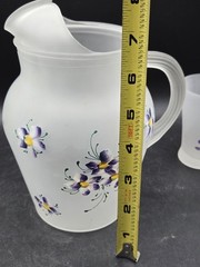 Frosted Glass Hand Painted Juice Pitcher And Glasses Purple Flowers Vintage