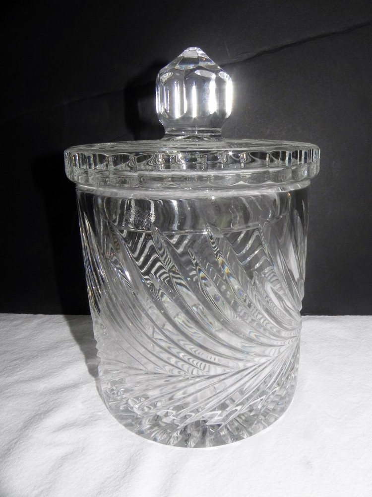 VTG Lead Crystal Biscuit Cookie Jar Container Cut Fern Palm Leaf Pattern Lidded