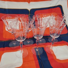 VTG Libbey Etched Stemmed Wine Glasses Set of 7 6in MCM Floral Goblets 2 3/4in
