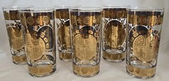 Vintage Vito Bari Gold Crest Design Highball Glasses 5.75″ Set Of 6