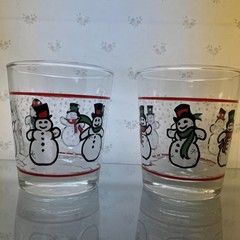 EUC SET OF 2 LIBBEY DANCING SNOWMEN LOWBALL GLASSES TUMBLERS 4 1/4″ 8 OZ