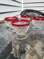 Vintage Red-Rimmed Glass Cups Set of 4 Textured Clear Glass Drinking Glasses