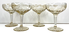 Iridescent Depression Champagne Glasses Etched Starburst Floral 4 3/4″ Lot of 4