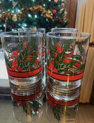 Libbey Holly & Berry 4″ Low Ball Tumblers- Christmas Glasses 80s Lot of 4 VTG