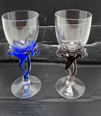 Jozefina Krosno Poland Wine Stem Goblet 8” blown Glass Lot Of 2 burgundy blue