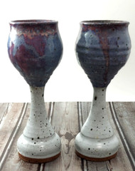 4) Studio Art Pottery Glazed Wine Chalice Goblets 6 Oz Signed Blue Gray Speckled