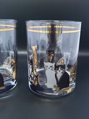 Set of Two (2) CULVER «CATS» Double Old-Fashioned Glassware 22k Gold Blk. Wht.