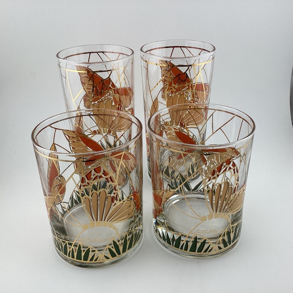 Culver Ltd 22k Butterfly Stained Glass Lowball & Highball Glasses Set of 4