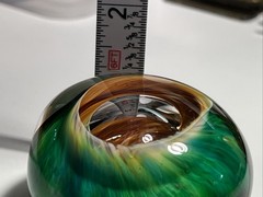 Vtg Hand Blown Art Glass Swirl Paperweight Emerald Green Amber Brown Cavern Orb