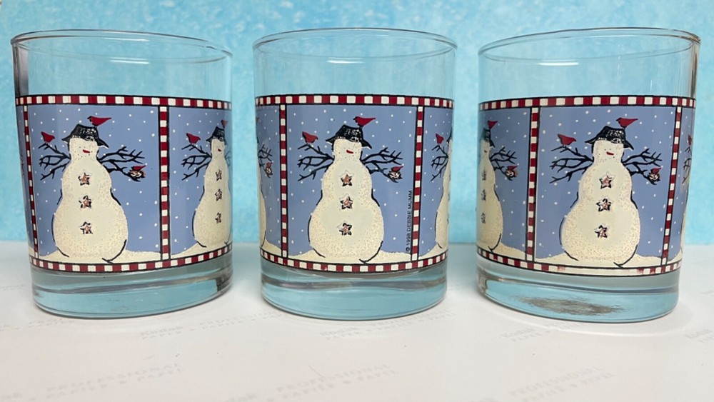 Vtg Anchor Hocking Debbie Mumm Snowman Set 3 Rocks Glasses 4” Blue White 1998