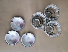Mid-Century Glass & Aluminum Vintage Condiment 3 Glasses Set w/ Caddy & Lids