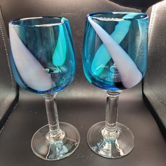 2 Hand Blown Art Glass Blue W/Swirling Pattern Wine Goblets 8 in Tall 3 in Wide