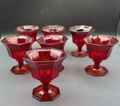 Independence Octagonal Ruby Red Amberina Wine Goblets Glasses Set of 7