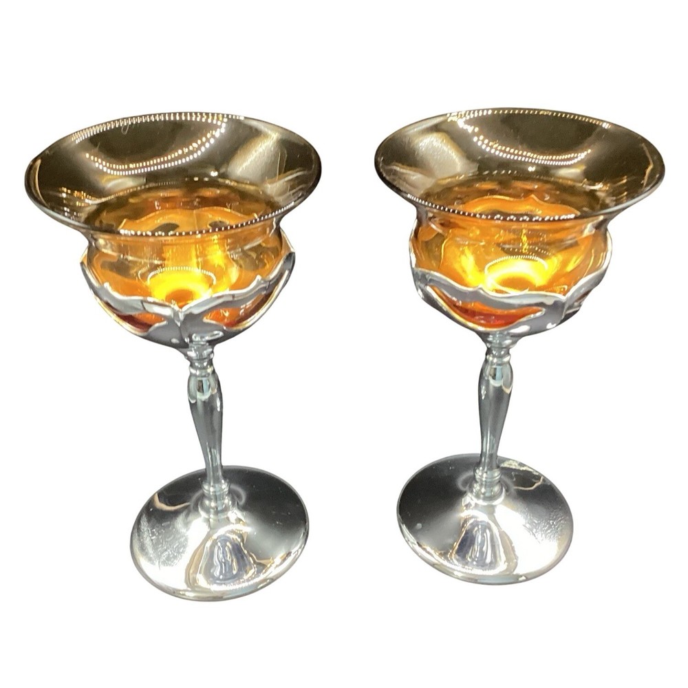 2 VTG Farber Bros Chrome (Khrome Kraft) & Amber Cambridge Glass Cordial Glasses