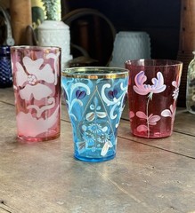SET OF 3 VINTAGE & ANTIQUE HAND PAINTED & ETCHED FLORAL TUMBLERS VARIOUS COLORS