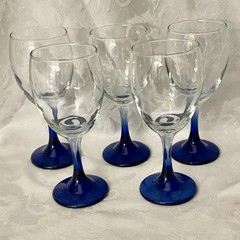 Cobalt Wine Glasses 5 Count, Clear Bowls w/ Cobalt Blue Stems & Bases – Vintage