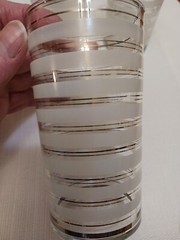 3 Vintage Highball Glasses -1940s. White etching, silver striping. Unique find!
