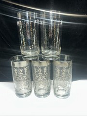SET OF 5–Vintage Kimiko Silver Knight MCM Cocktail Highball Silver Rim Glasses