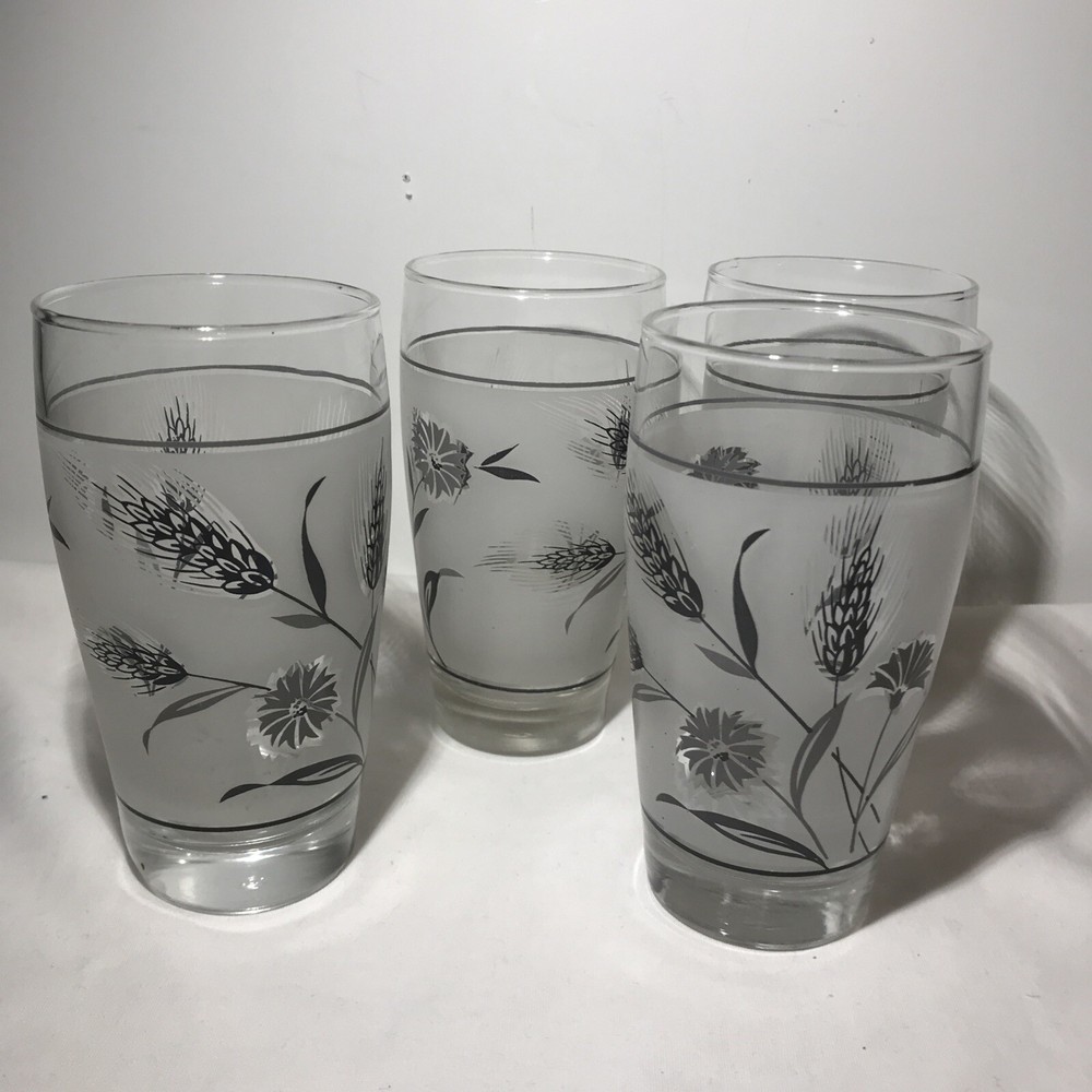 MCM Vintage Libbey Silver Leaf Wheat Frosted 10 oz. Glass Tumblers -Set/4 EUC