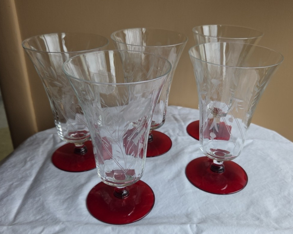 Vintage 5 Ruby Red Footed Etched Flower Rose Iced Tea Tumbler Weston Glass