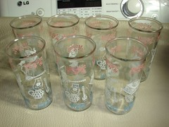 Lot of 7 Vtg. Hazel Atlas Drinking Glasses Pink, Blue & White 16 Oz. Perfect