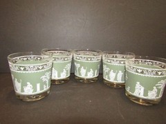 Jeannette HELLENIC GREEN Set of 5 DOF Glasses 3.25″ DOUBLE OLD FASHION Holds 7oz