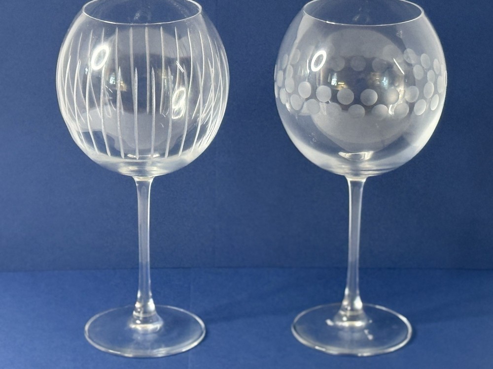 Vintage Etched Balloon Wine Goblets 10 Inch Mixed Pattern Pair