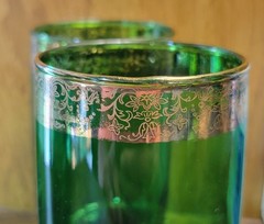 5 VTG Anchor Hocking Forest Green Glass tumbler Gold Filigree Rim Highball 10 oz